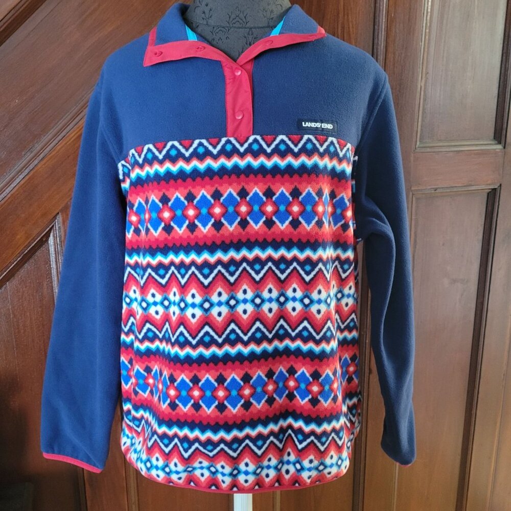 Lands End Womens Aztec Fleece Pullover Navy Blue & Red NWOT